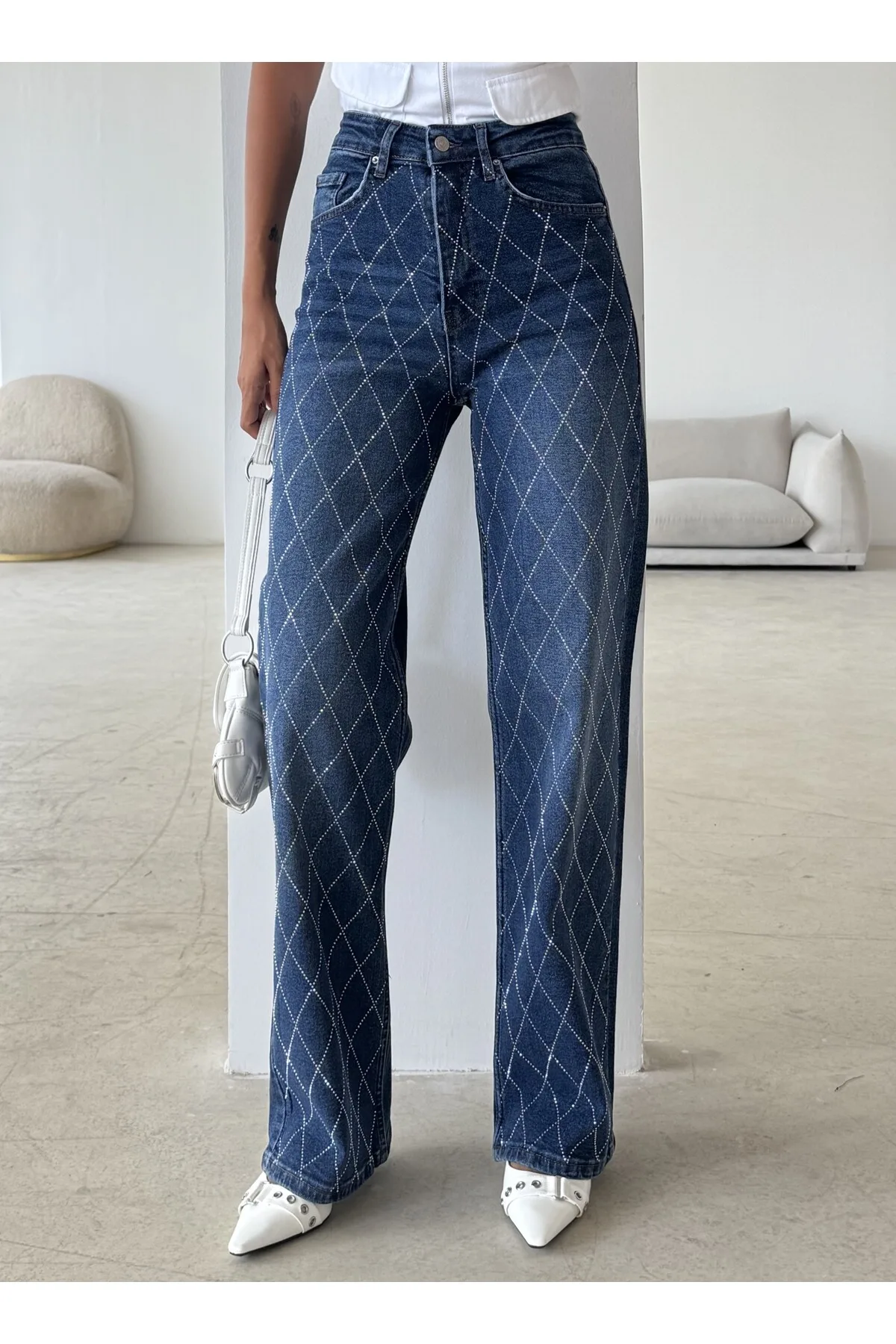 Swet Shop Jeans Damen High Waist Vintage Shiny Stone Patterned Special Design Lycra Palazzo Denim Jean